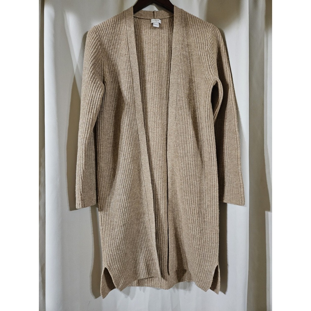 J.Crew Womens Camel Tan Ribbed Lambswool Open Front Duster Cardigan S F7822